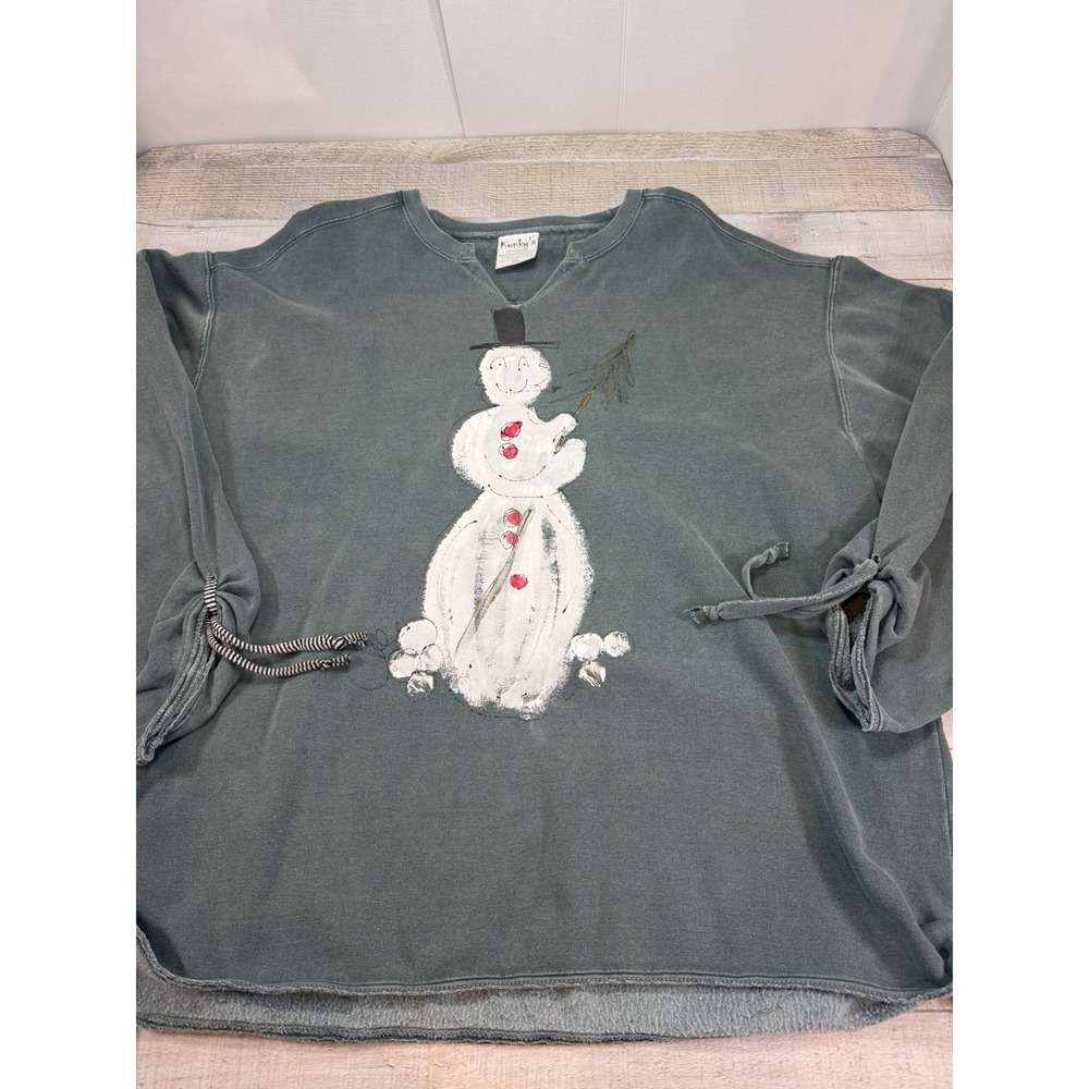 Kunky's Hand Painted Snowman Sweatshirt Womens XL Art to Wear Christmas Green
